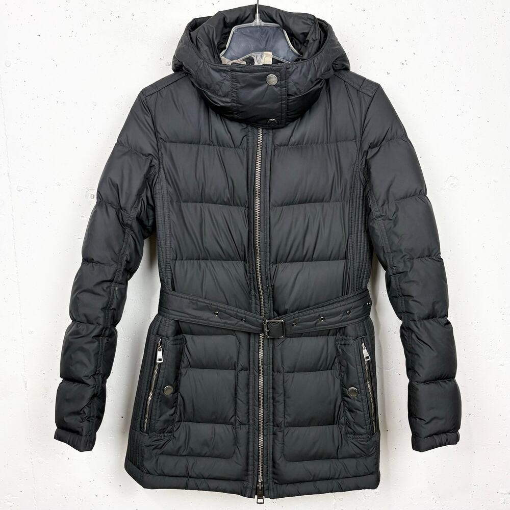 Burberry Brit Down Puffer Coat Removable Hood Adjustable Belt Black Size Medium - Picture 2 of 16